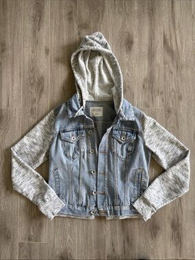 Universal Thread Light Wash Denim & Gray Hooded Jacket